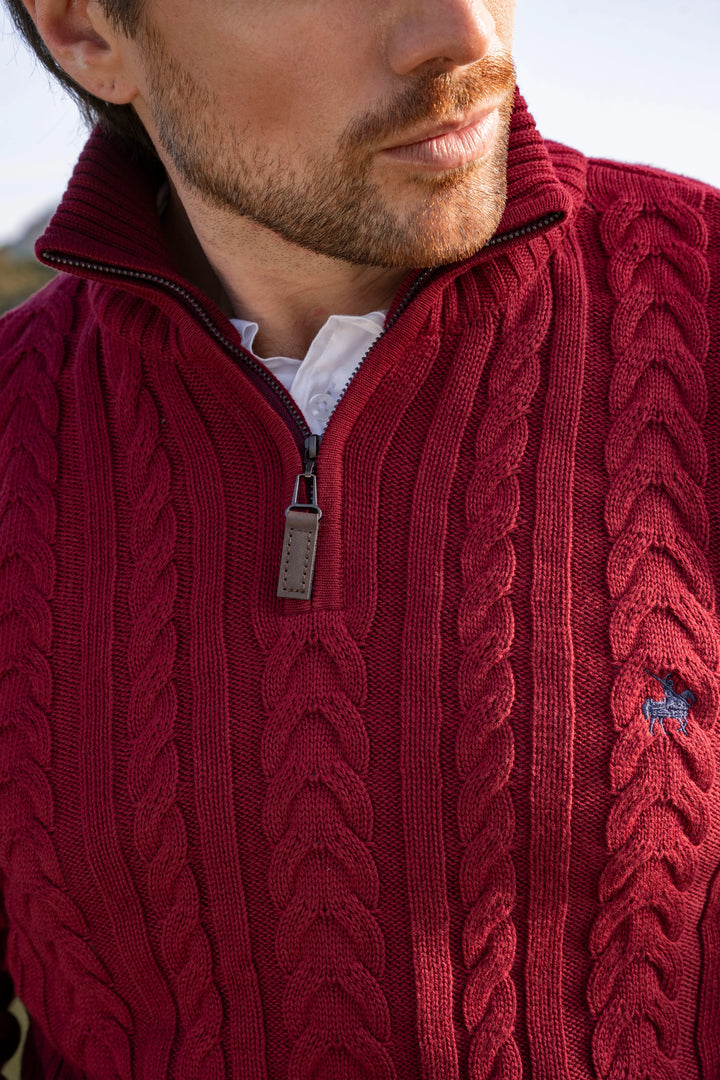 Suéter Halfzip Trenzado Rib Hombre Vinotinto