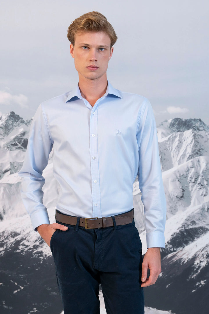 Camisa Herringbone Cuello Corbata Hombre Azul Claro