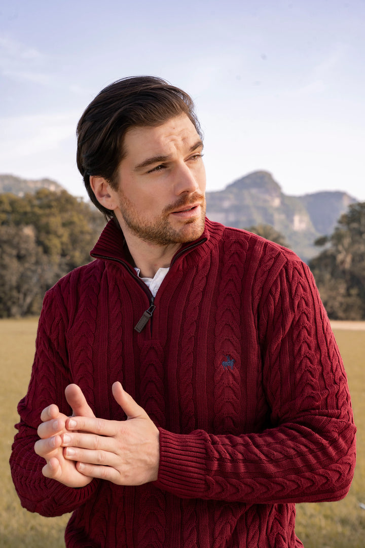 Suéter Halfzip Trenzado Rib Hombre Vinotinto