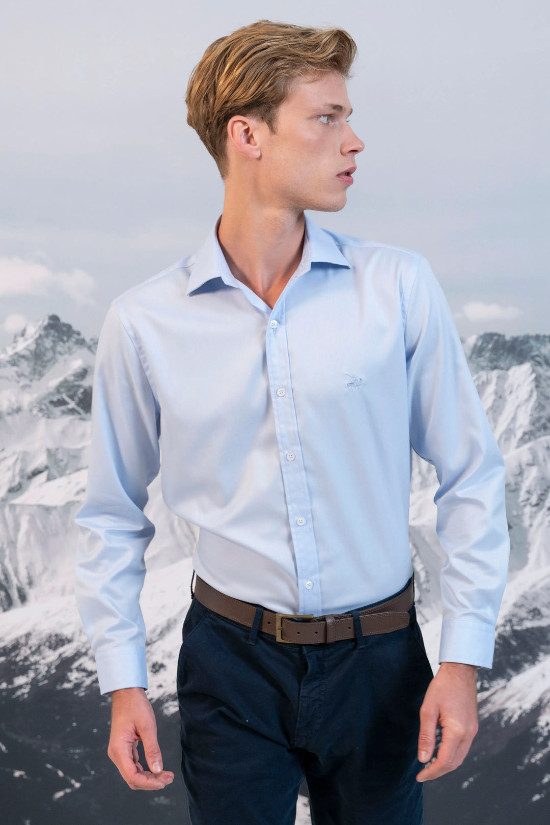 Camisa Herringbone Cuello Corbata Hombre Azul Claro