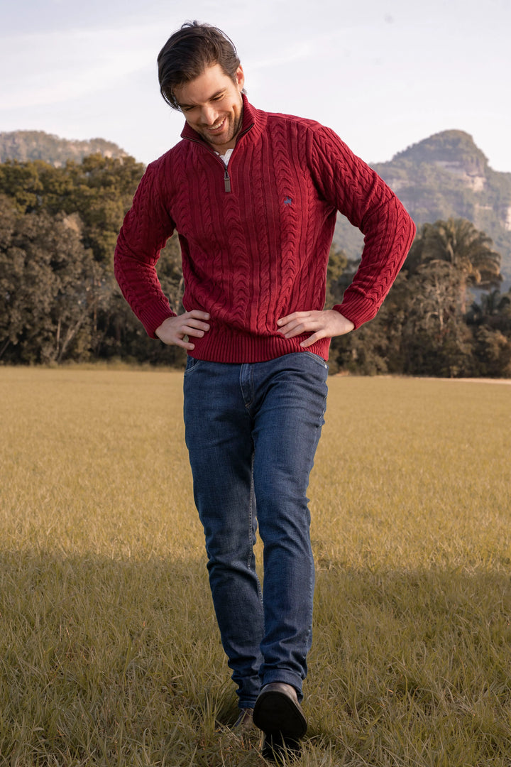 Suéter Halfzip Trenzado Rib Hombre Vinotinto