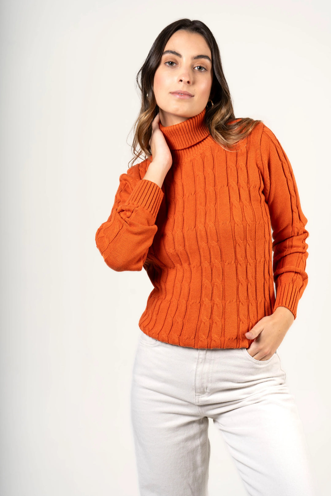 Suéter trenzado cuello tortuga Mujer Naranja claro