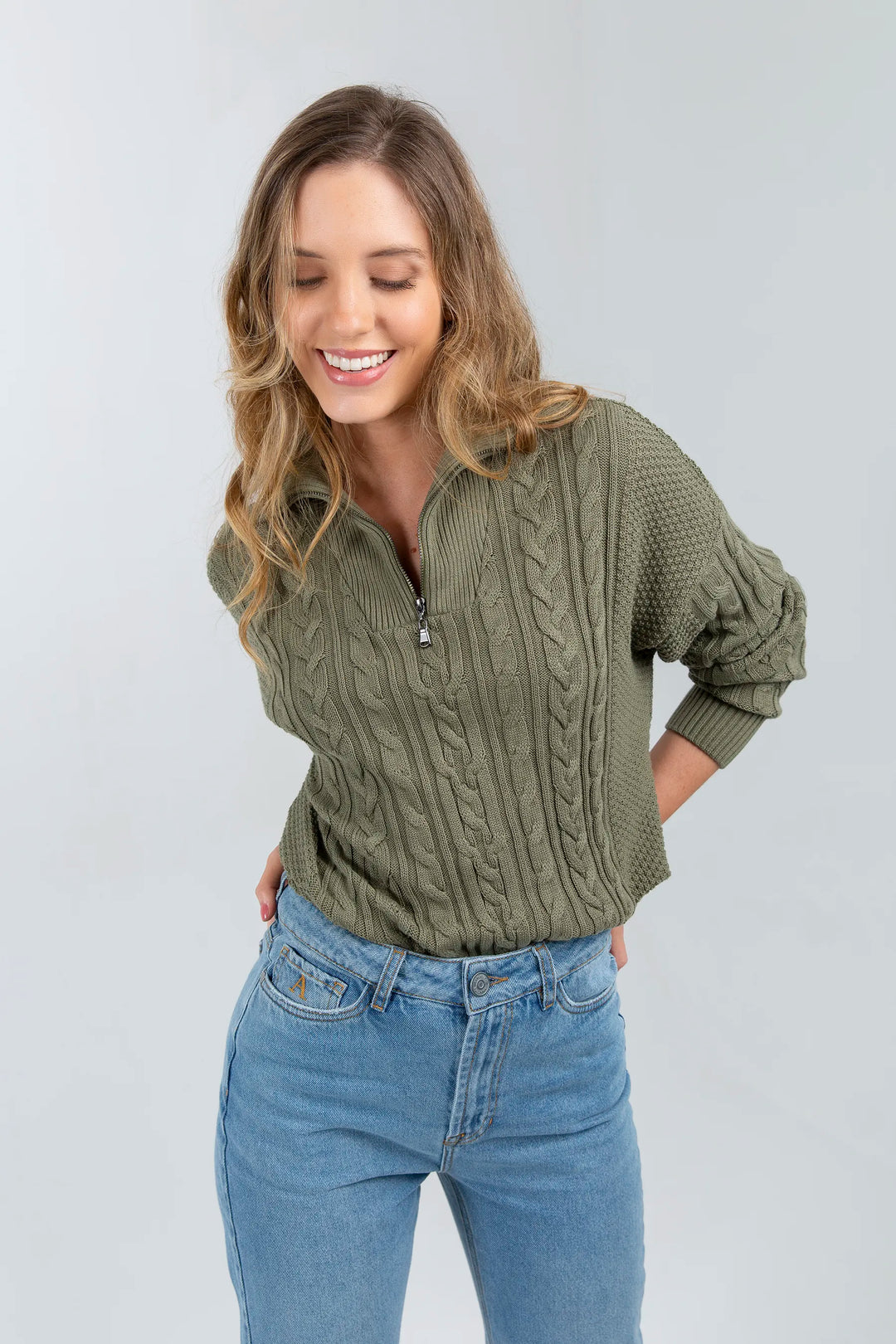 Suéter Halfzip Trenzado Algodón Mujer Verde