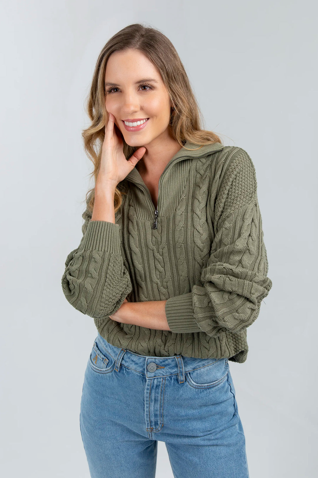 Suéter Halfzip Trenzado Algodón Mujer Verde