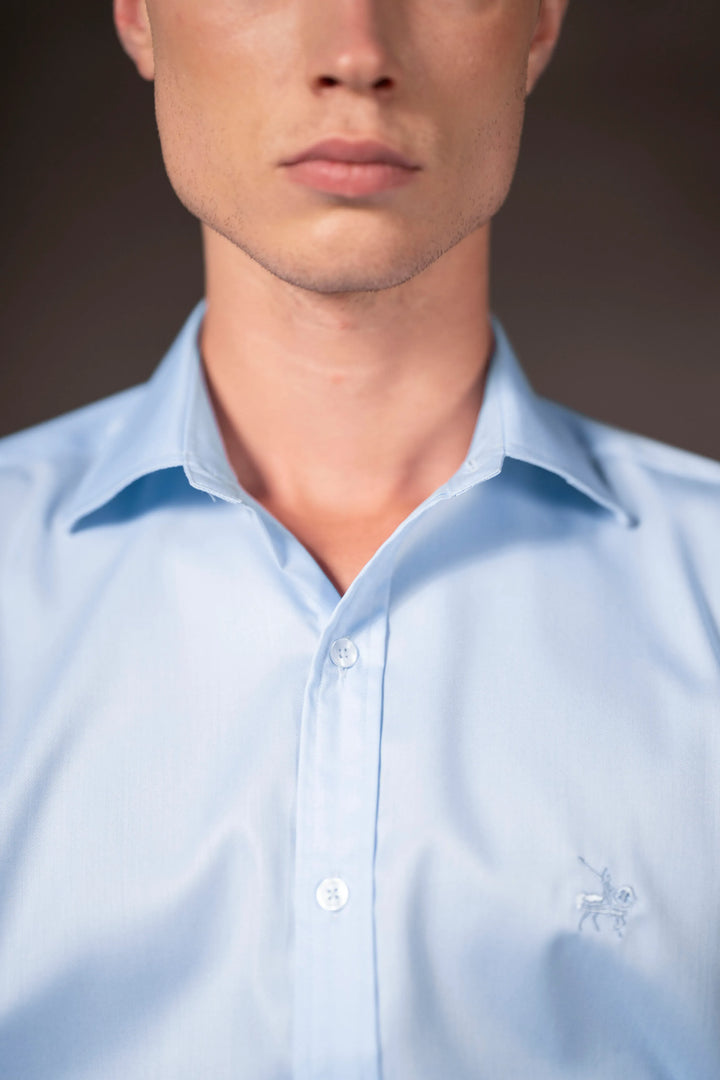 Camisa Herringbone Cuello Corbata Hombre Azul Claro