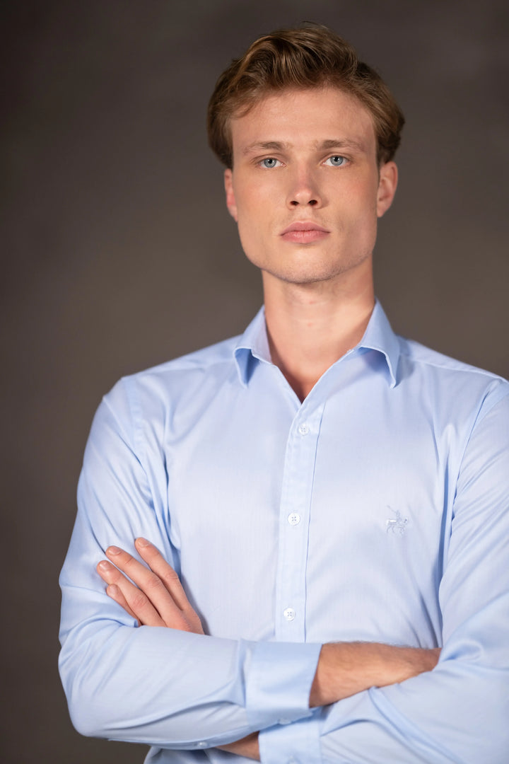 Camisa Herringbone Cuello Corbata Hombre Azul Claro