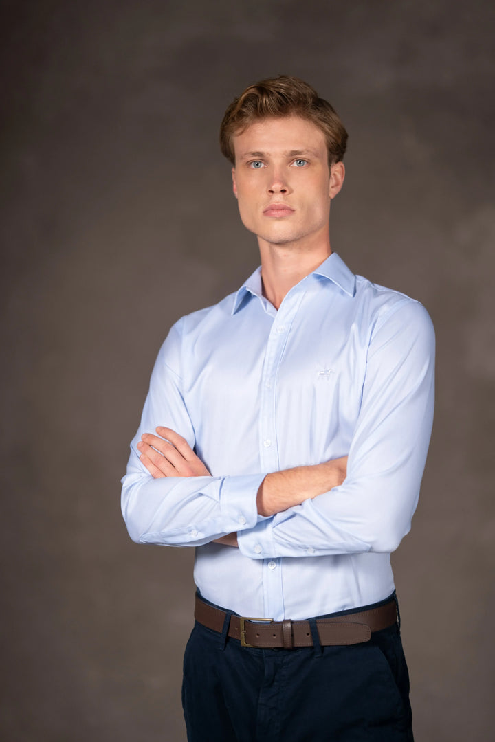 Camisa Herringbone Cuello Corbata Hombre Azul Claro