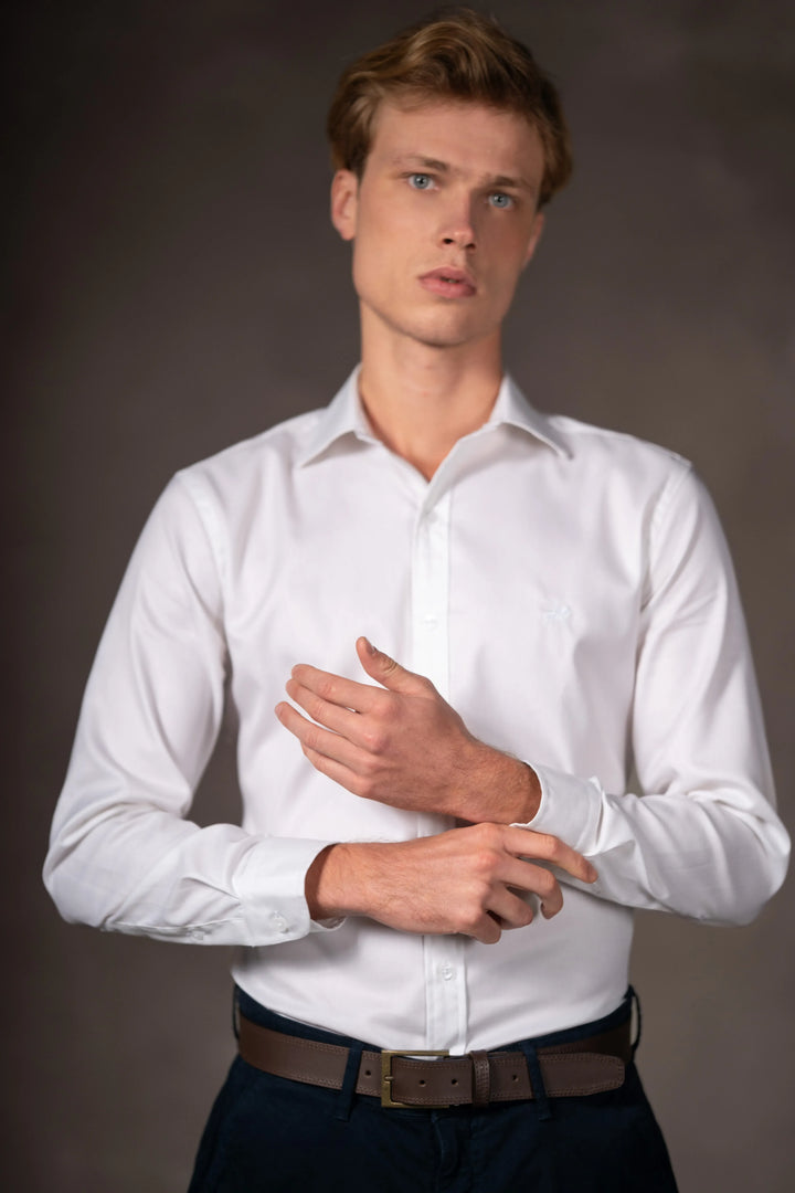 Camisa Herringbone Cuello Corbata Hombre Blanco