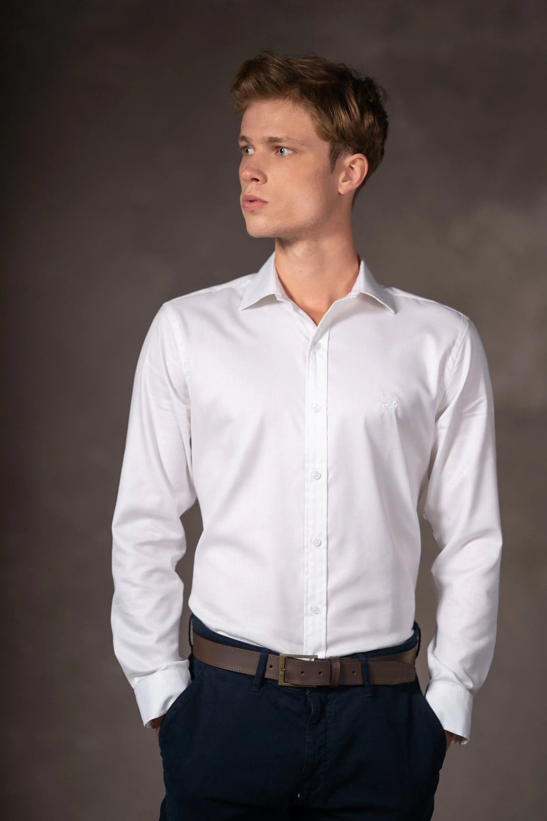 Camisa Herringbone Cuello Corbata Hombre Blanco