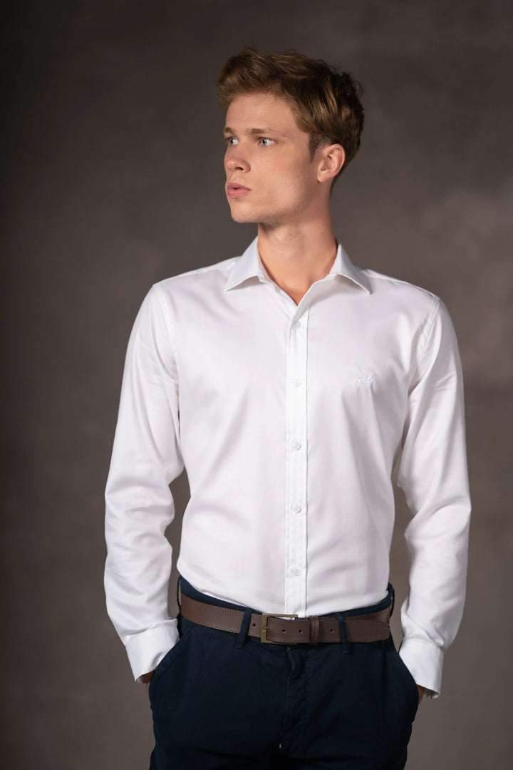 Camisa Herringbone Cuello Corbata Hombre Blanco