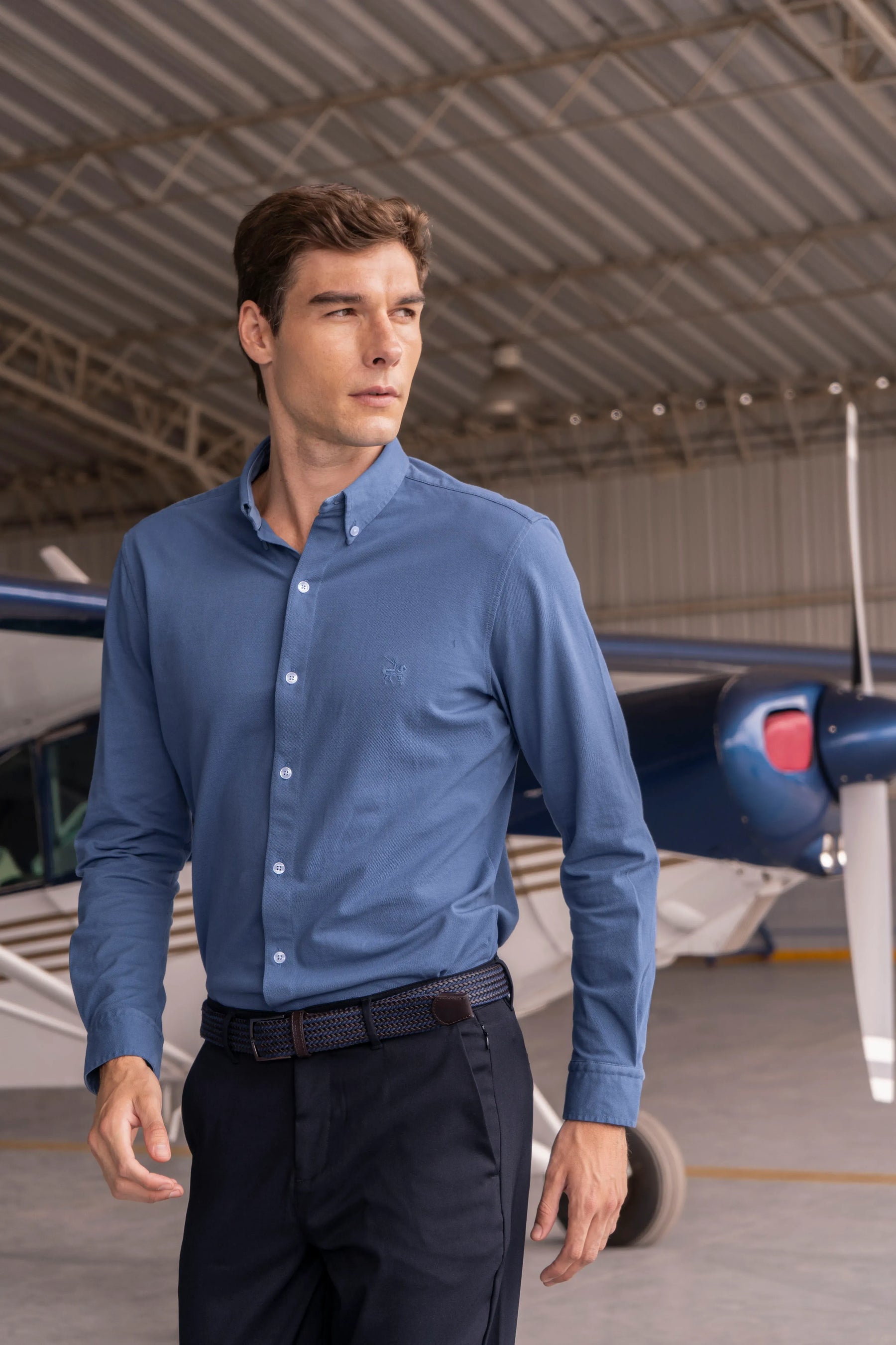 Camisa Micro Pique Hombre Azul Petroleo