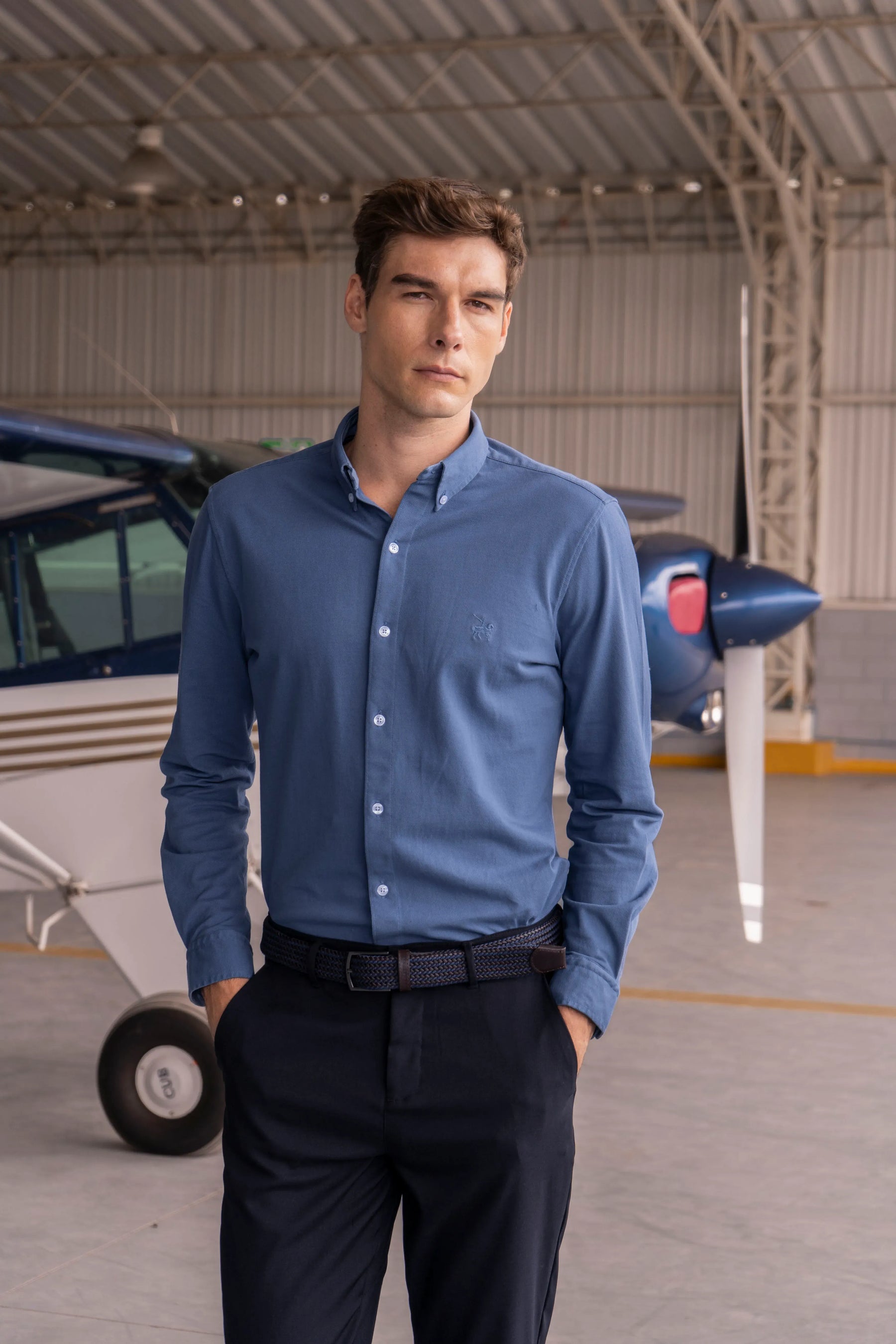 Camisa Micro Pique Hombre Azul Petroleo
