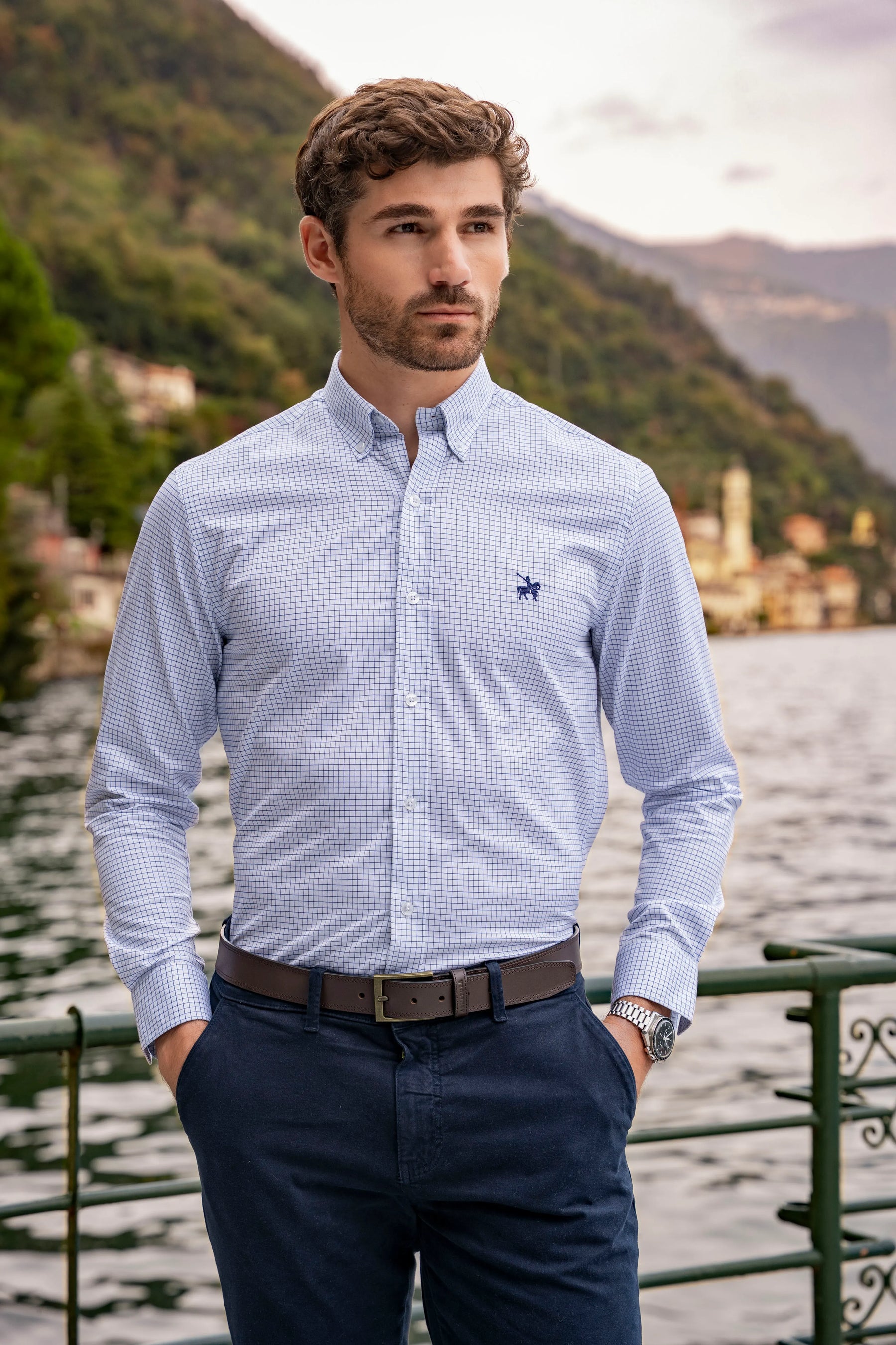 Camisa No Iron Hombre Cuadros Azul Oscuro