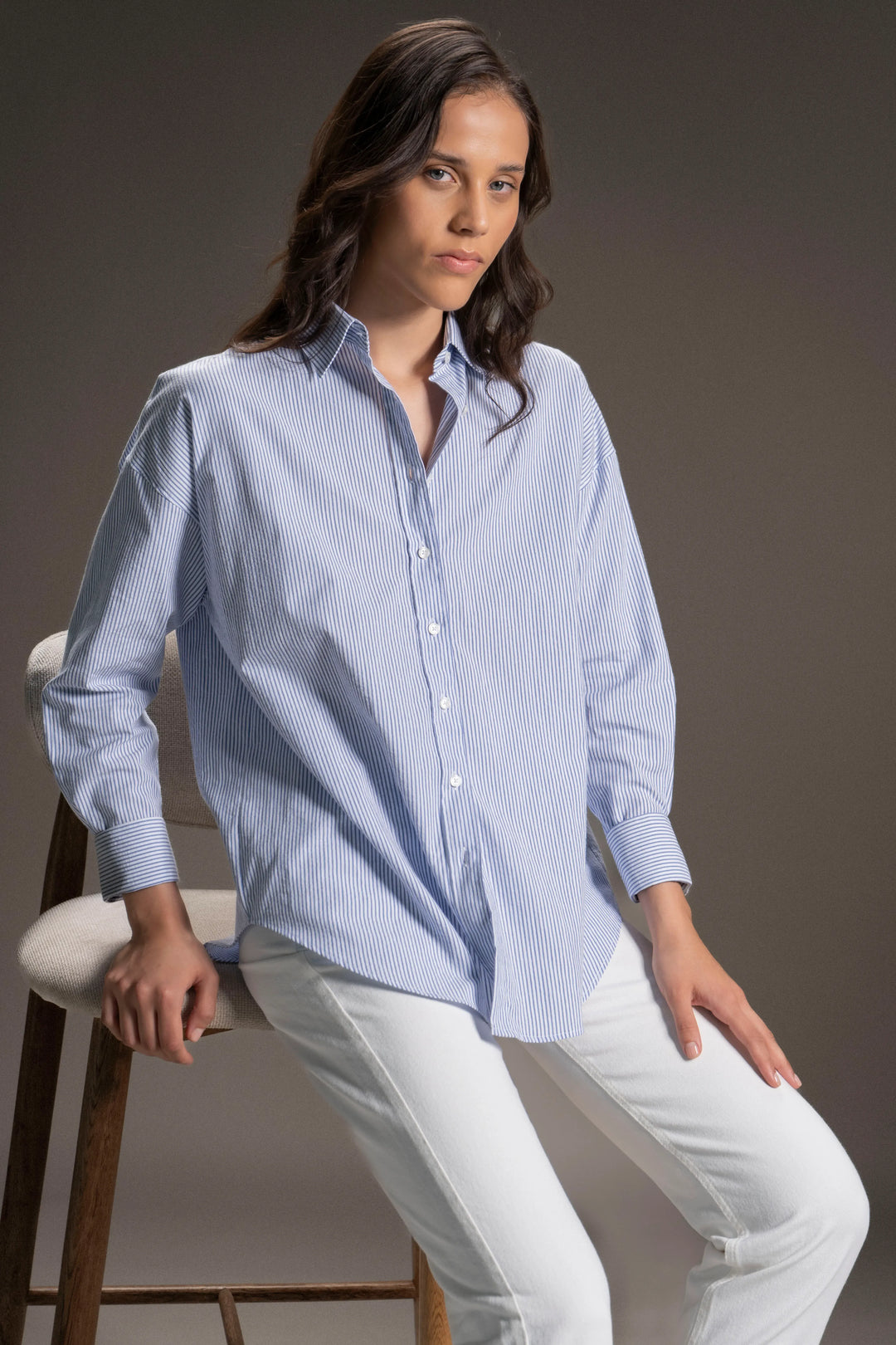 Camisa Oversized Seersucker Mujer Azul
