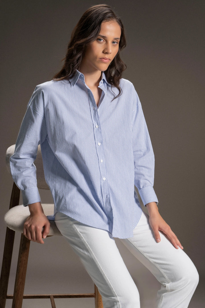 Camisa Oversized Seersucker Mujer Azul