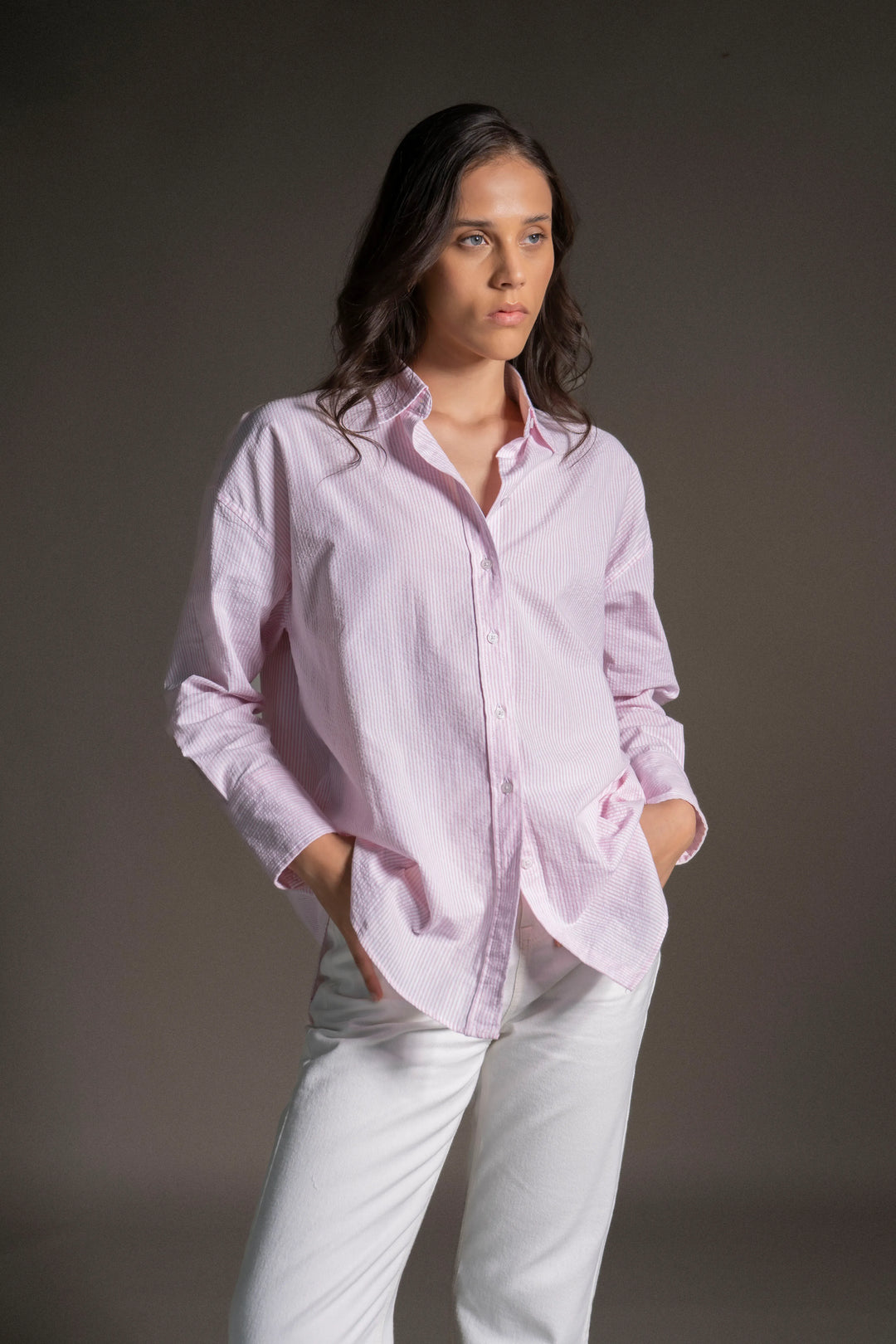 Camisa Oversized Seersucker Mujer Rosado