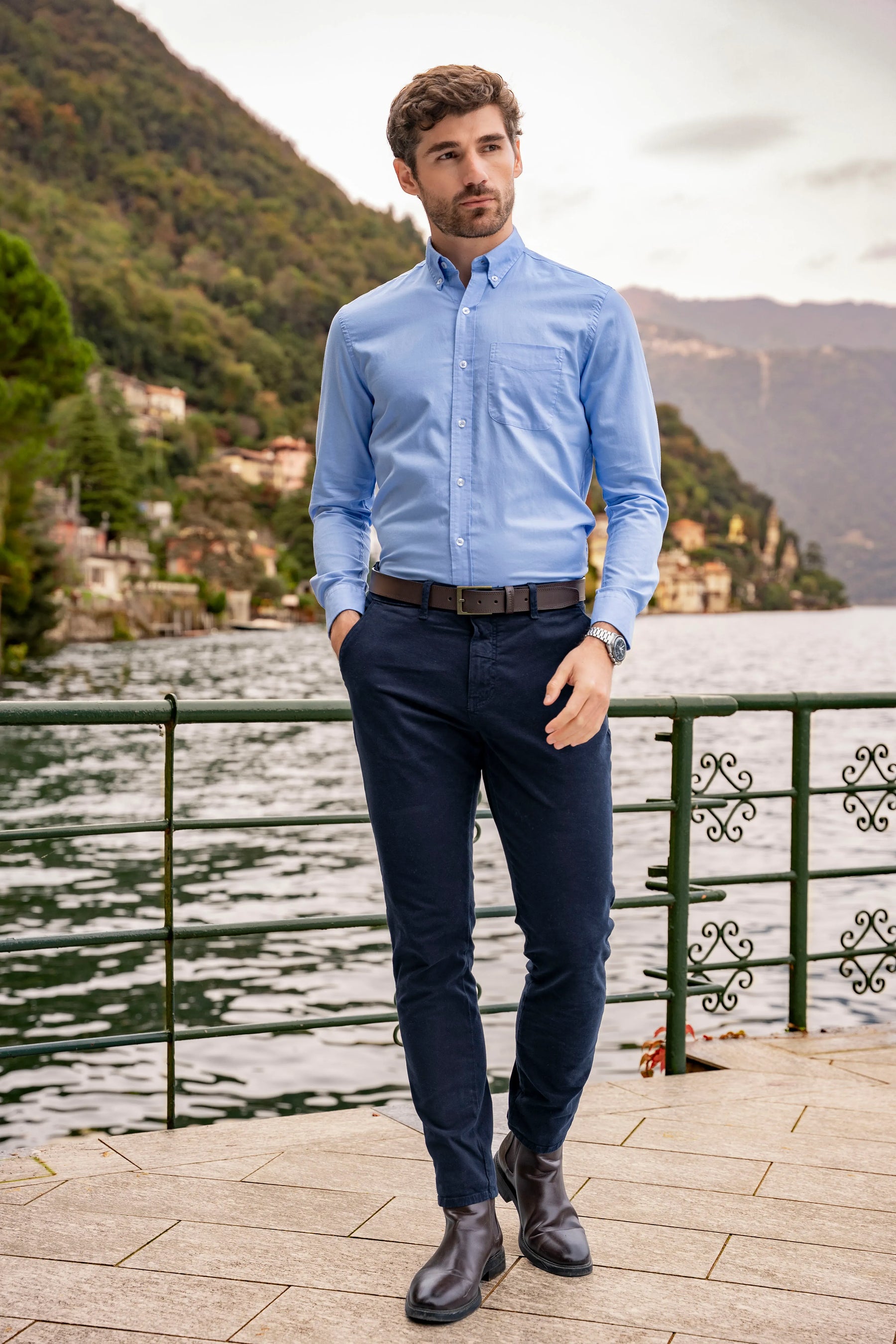 Camisa Oxford Bolsillo Hombre Azul Medio