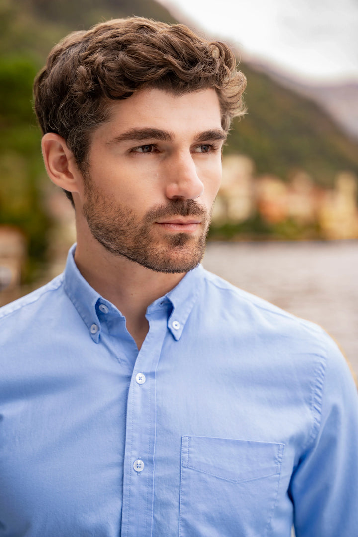 Camisa Oxford Bolsillo Hombre Azul Medio