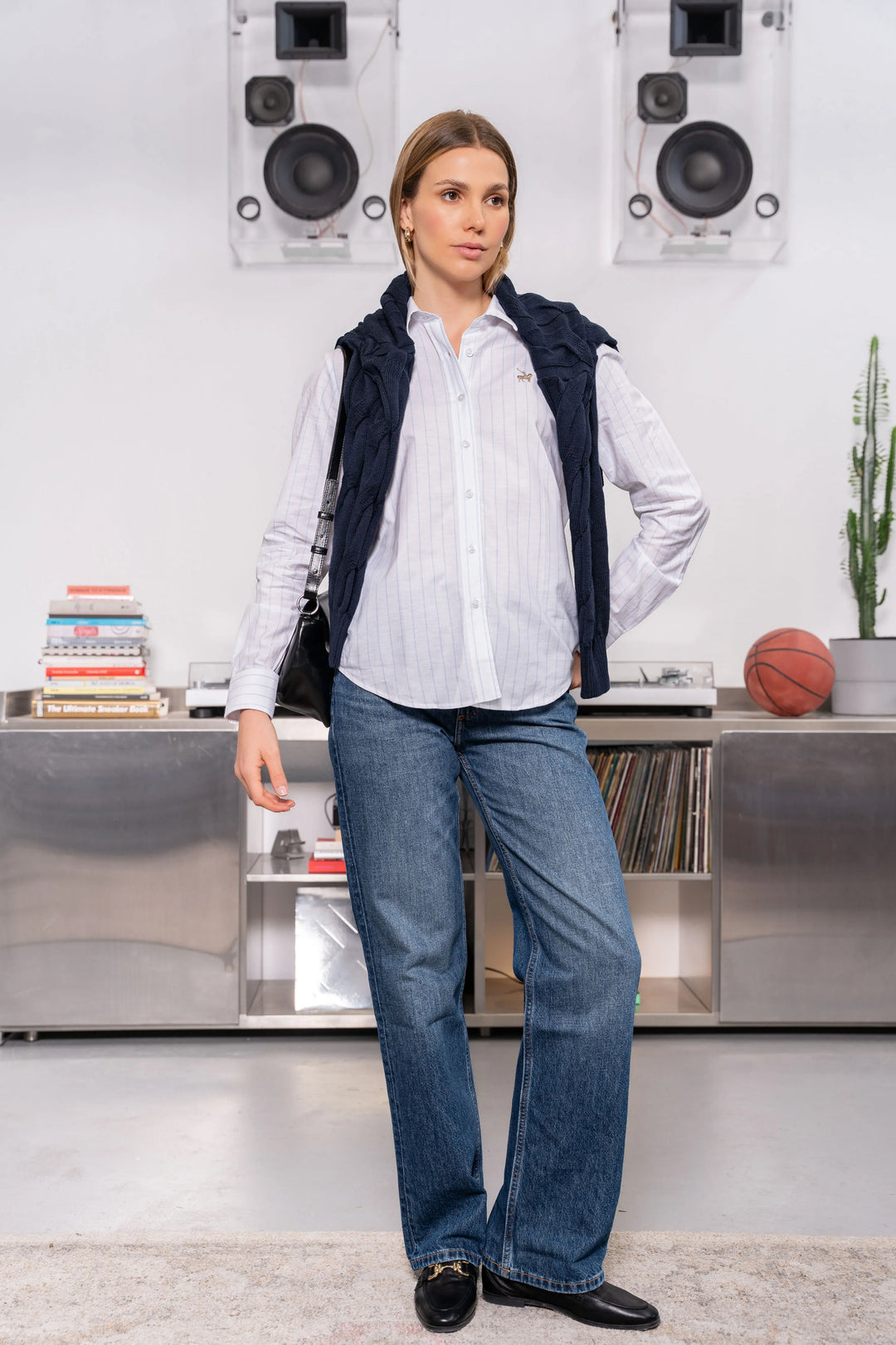 Camisa Oxford Wide Striped Blanco Mujer Raya Azul