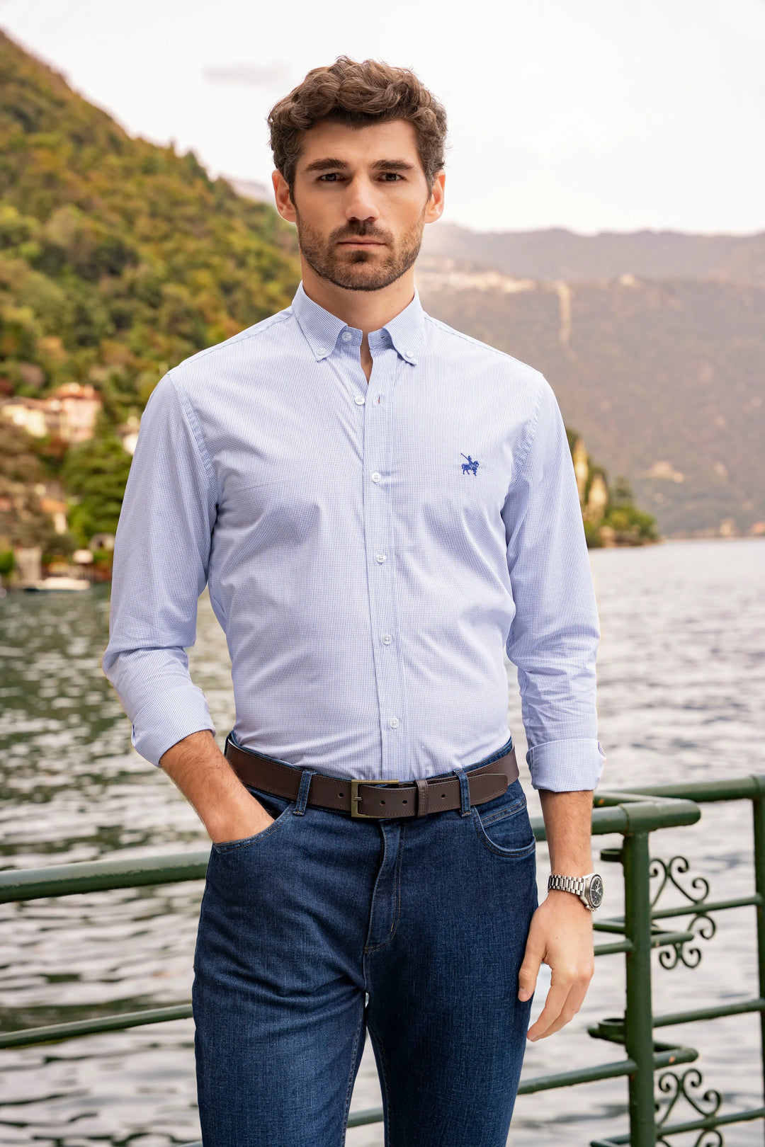 Camisa Twill Cuadros Hombre Azul medio