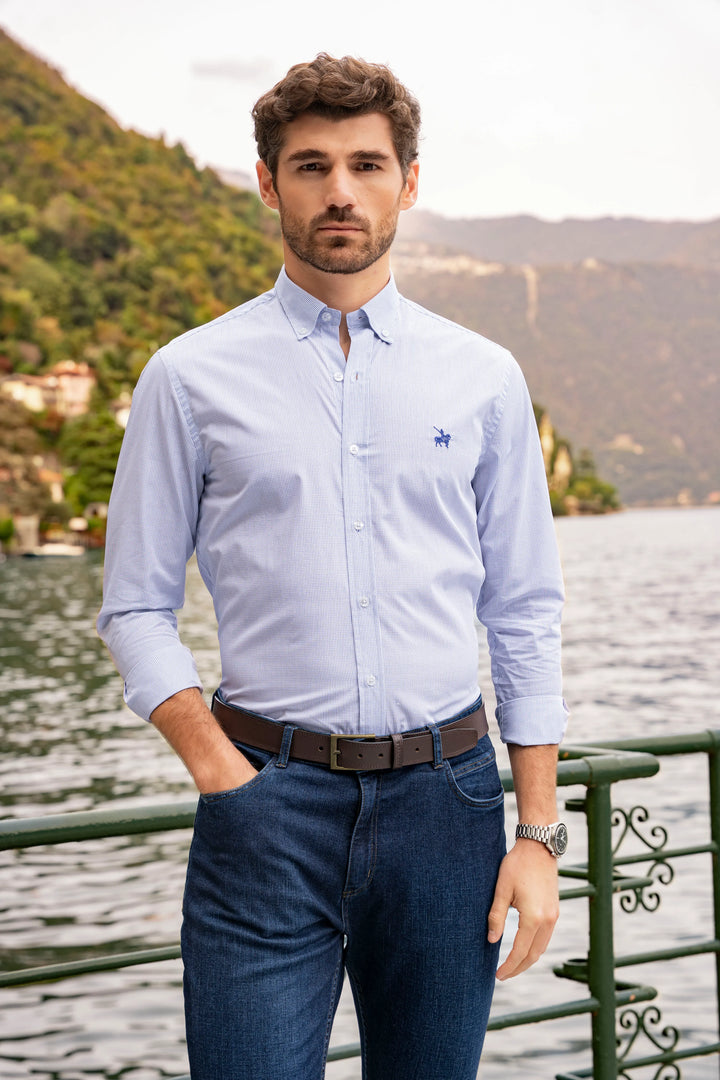 Camisa Twill Cuadros Hombre Azul medio