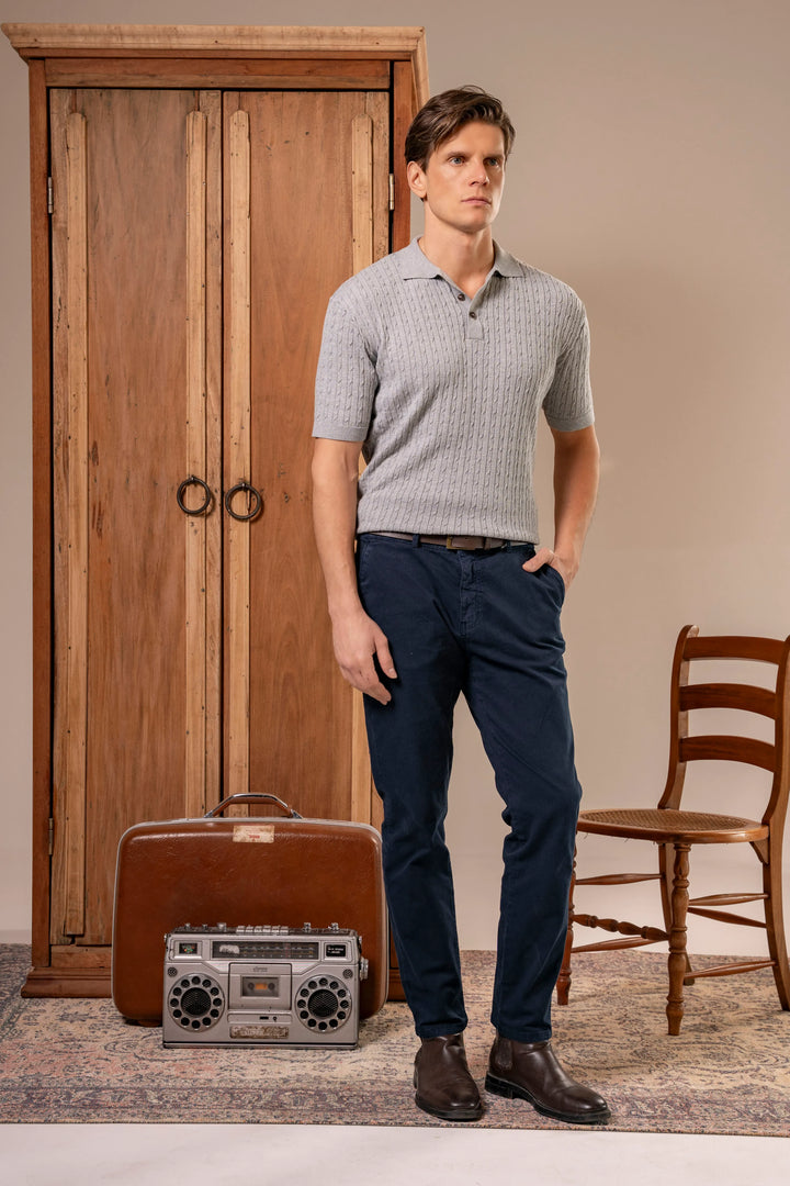 Camiseta polo trenzada tejida Hombre Gris Claro