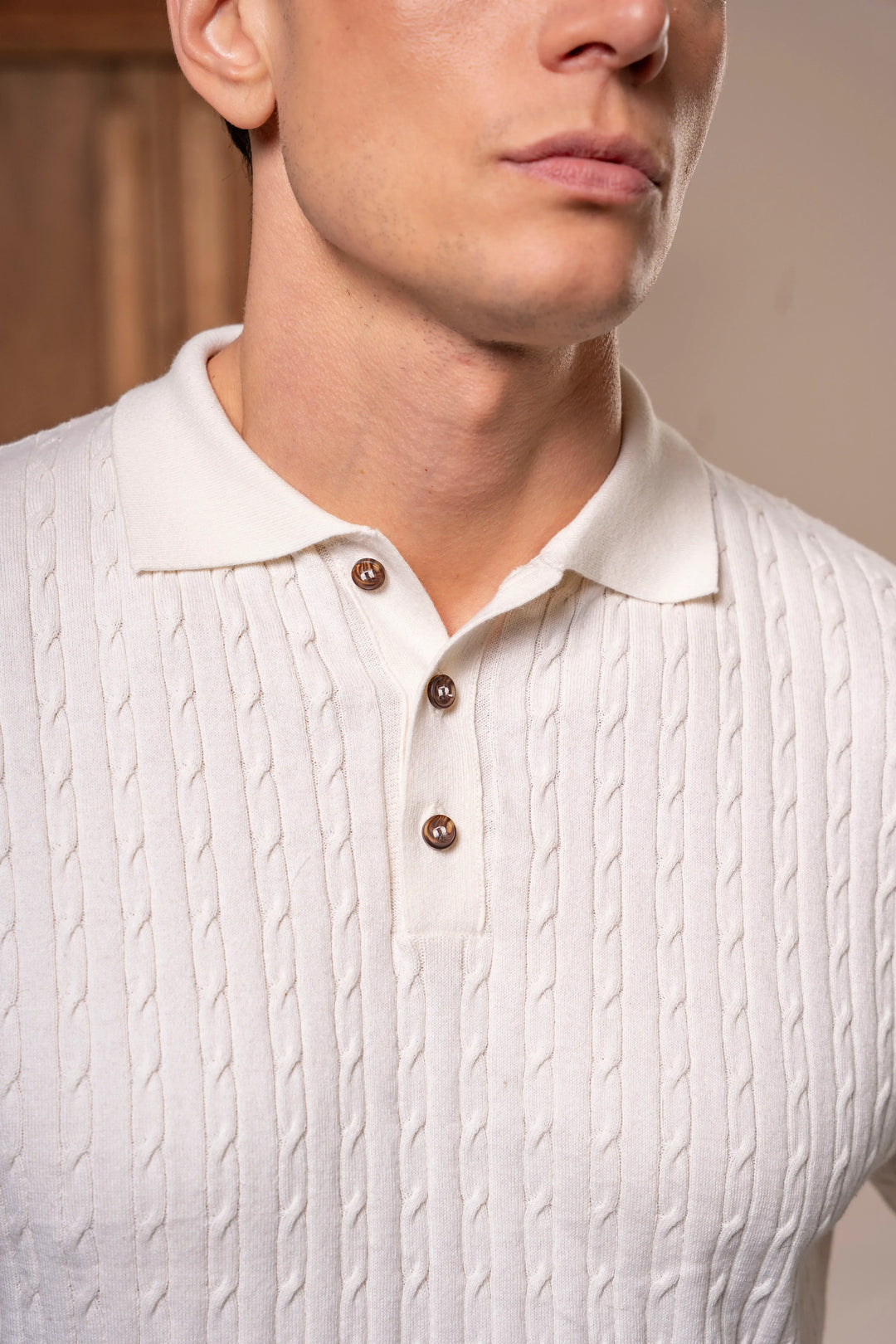 Camiseta polo trenzada tejida Hombre Hueso