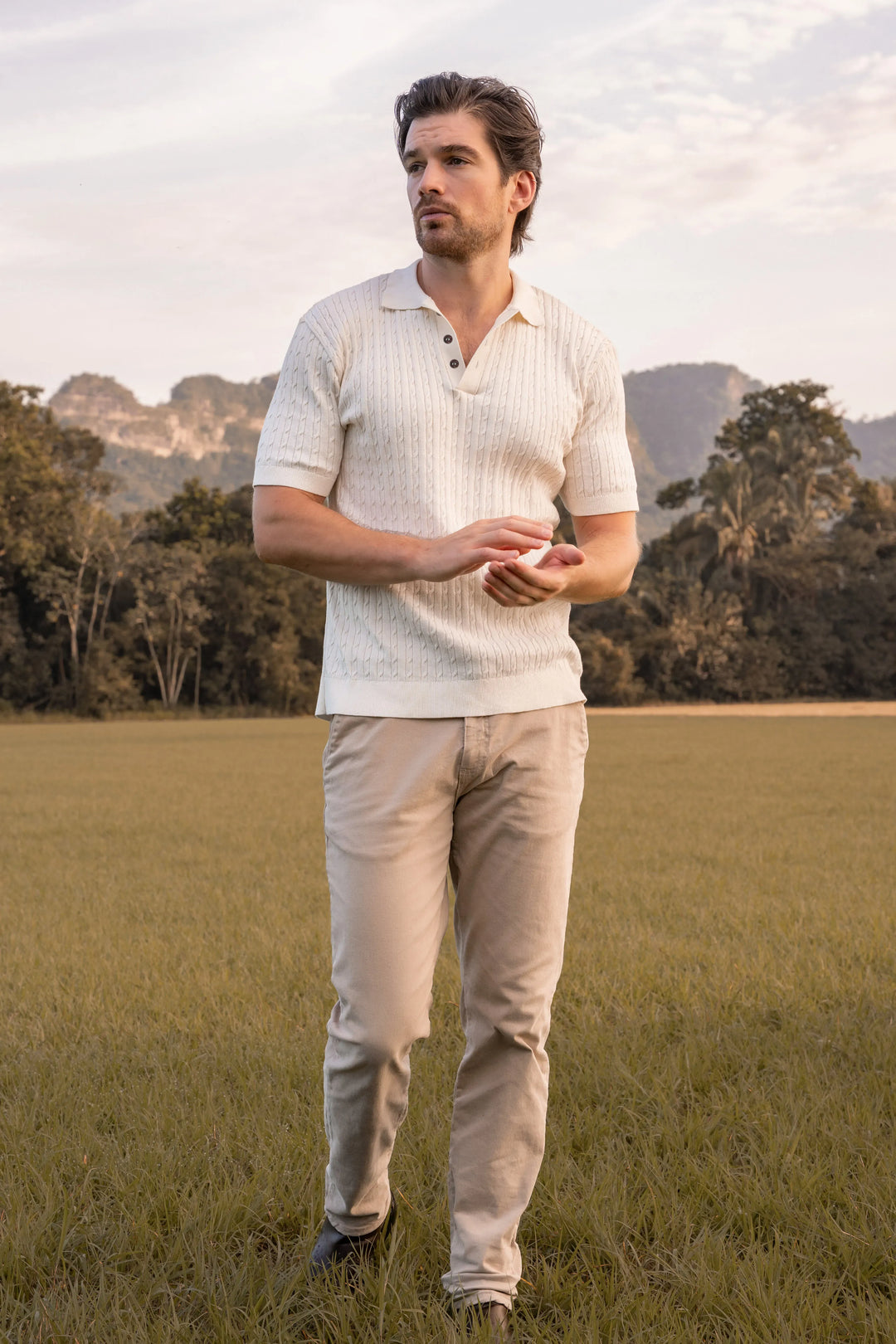 Camiseta polo trenzada tejida Hombre Hueso