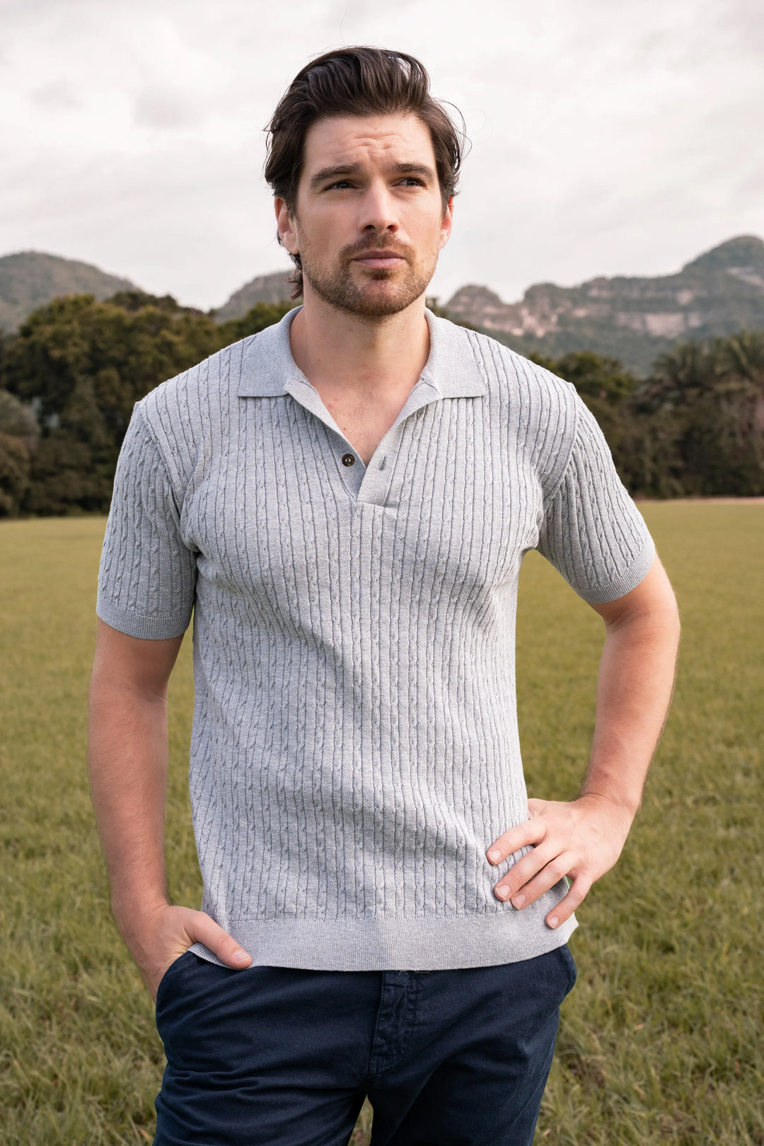 Camiseta polo trenzada tejida Hombre Gris Claro