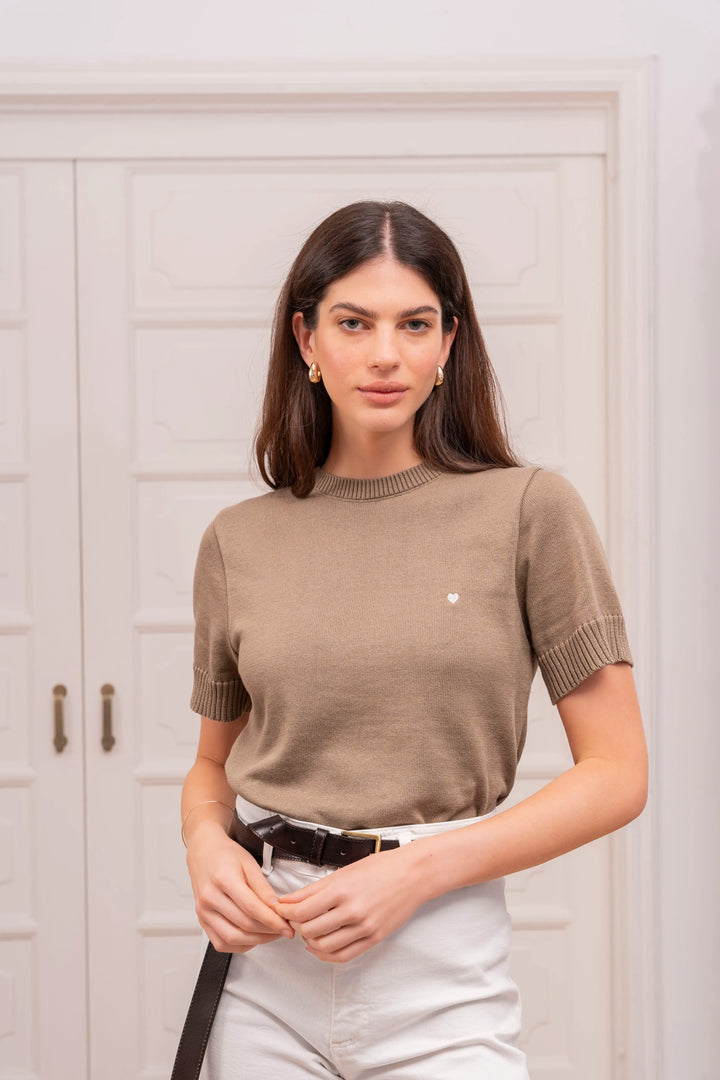 Camiseta Heart Tejida Mujer Camel