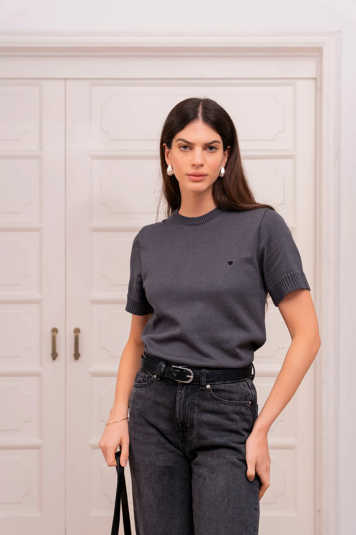 Camiseta Heart Tejida Mujer Gris Oscuro