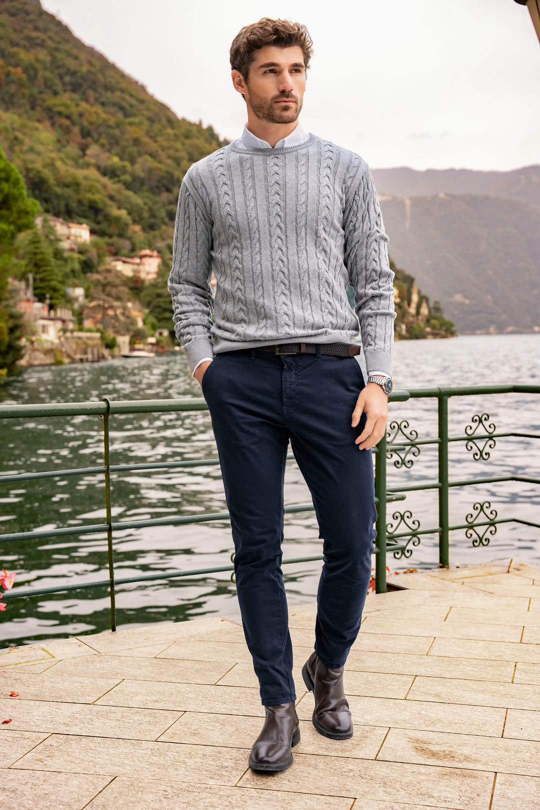 Suéter Cuello redondo Trenzado Rib Hombre Gris Claro