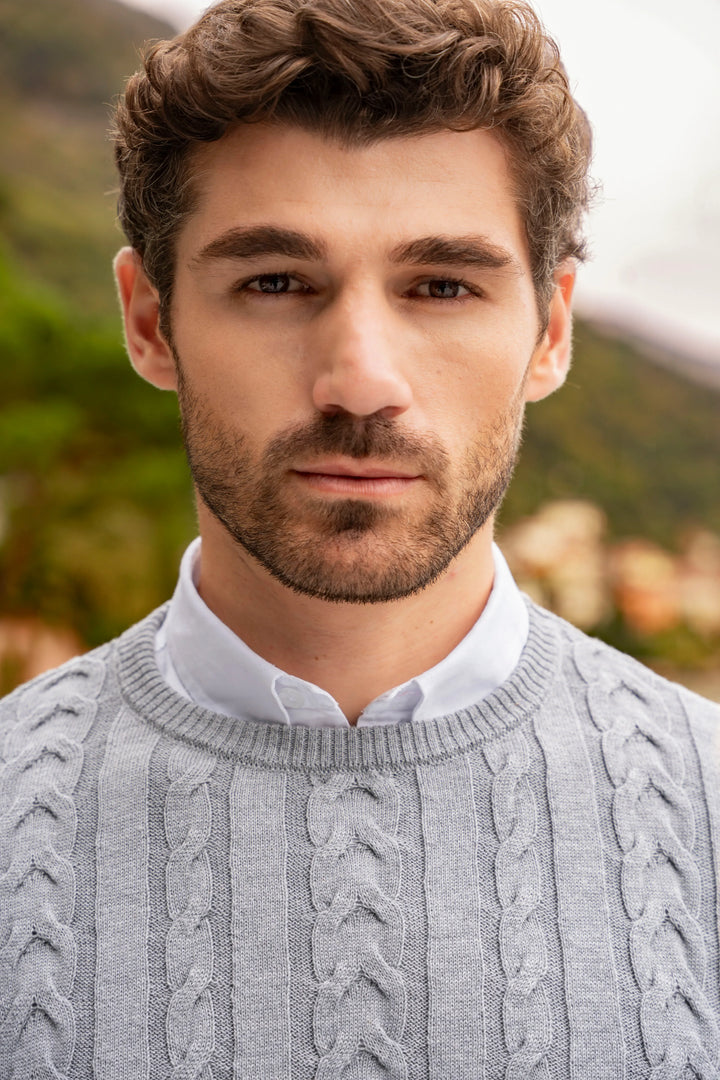 Suéter Cuello redondo Trenzado Rib Hombre Gris Claro