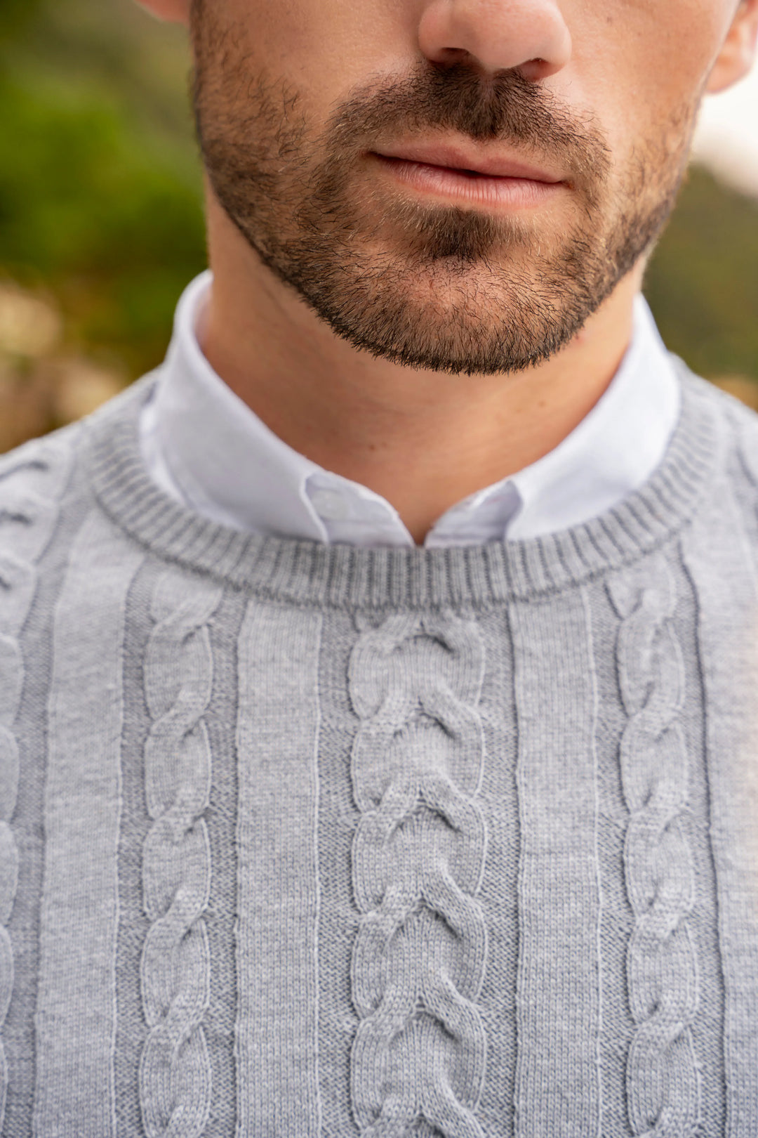 Suéter Cuello redondo Trenzado Rib Hombre Gris Claro