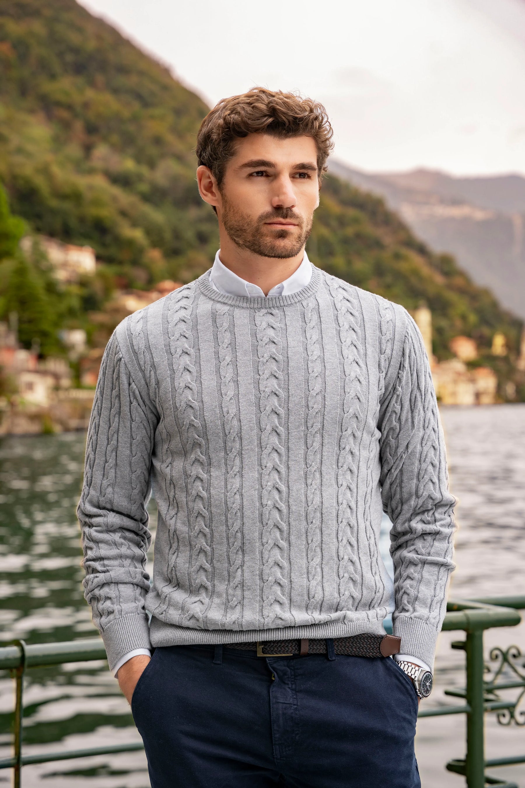 Suéter Cuello redondo Trenzado Rib Hombre Gris Claro