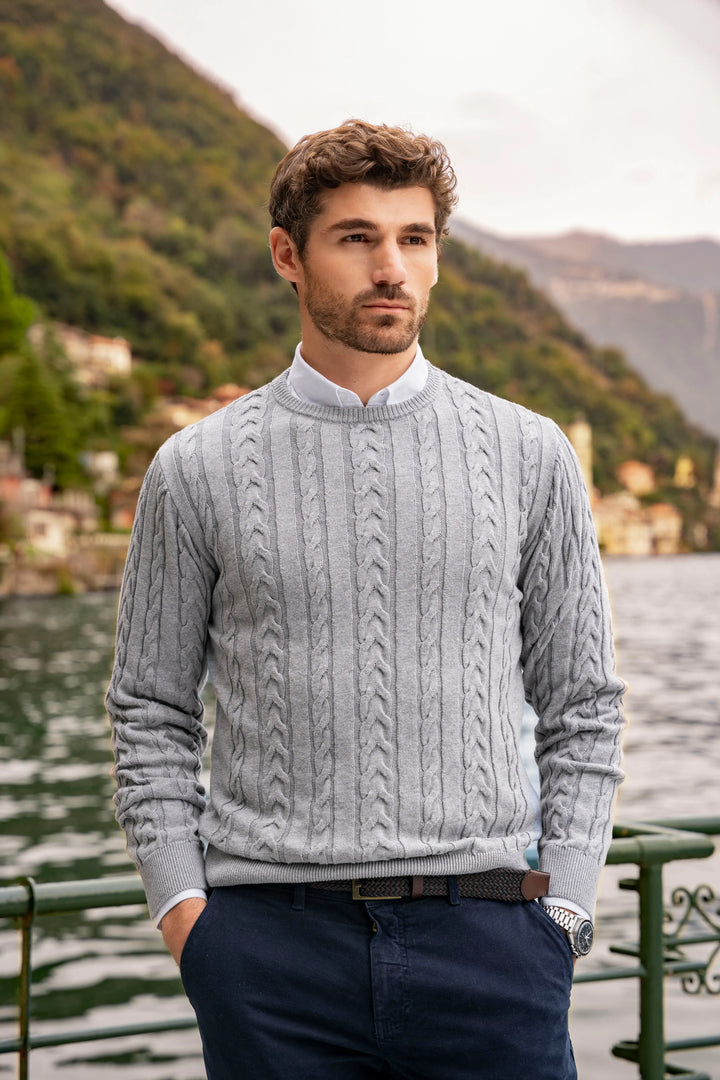 Suéter Cuello redondo Trenzado Rib Hombre Gris Claro