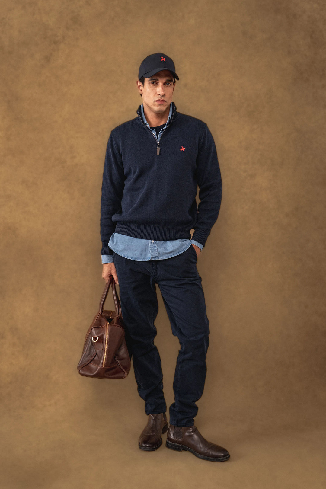 Suéter Halfzip Minimal Hombre Azul Oscuro
