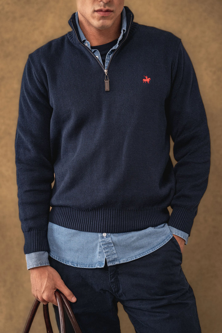Suéter Halfzip Minimal Hombre Azul Oscuro