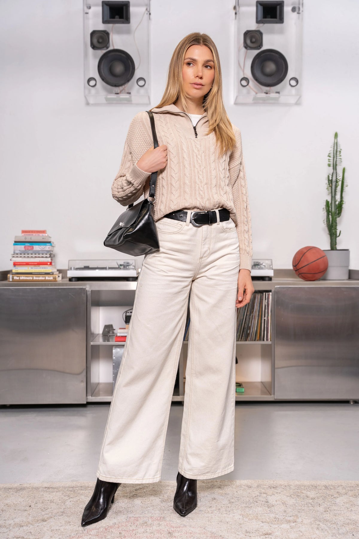 Suéter Halfzip Trenzado Algodón Mujer Camel