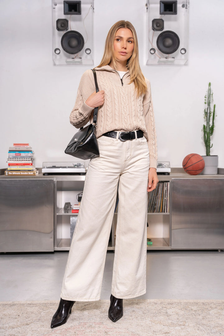 Suéter Halfzip Trenzado Algodón Mujer Camel