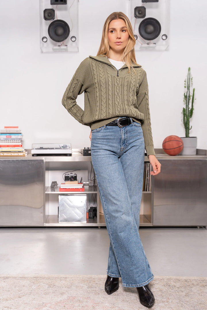 Suéter Halfzip Trenzado Algodón Mujer Verde