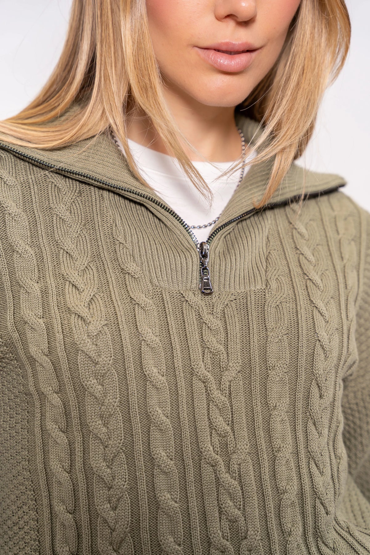 Suéter Halfzip Trenzado Algodón Mujer Verde