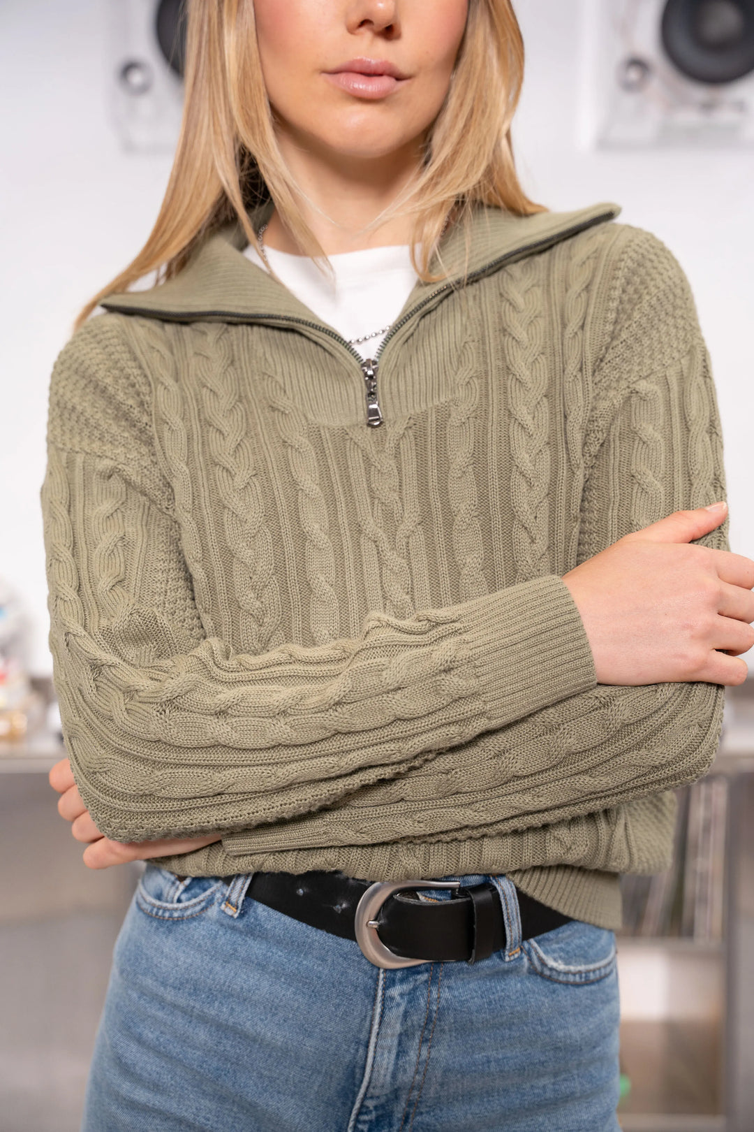 Suéter Halfzip Trenzado Algodón Mujer Verde