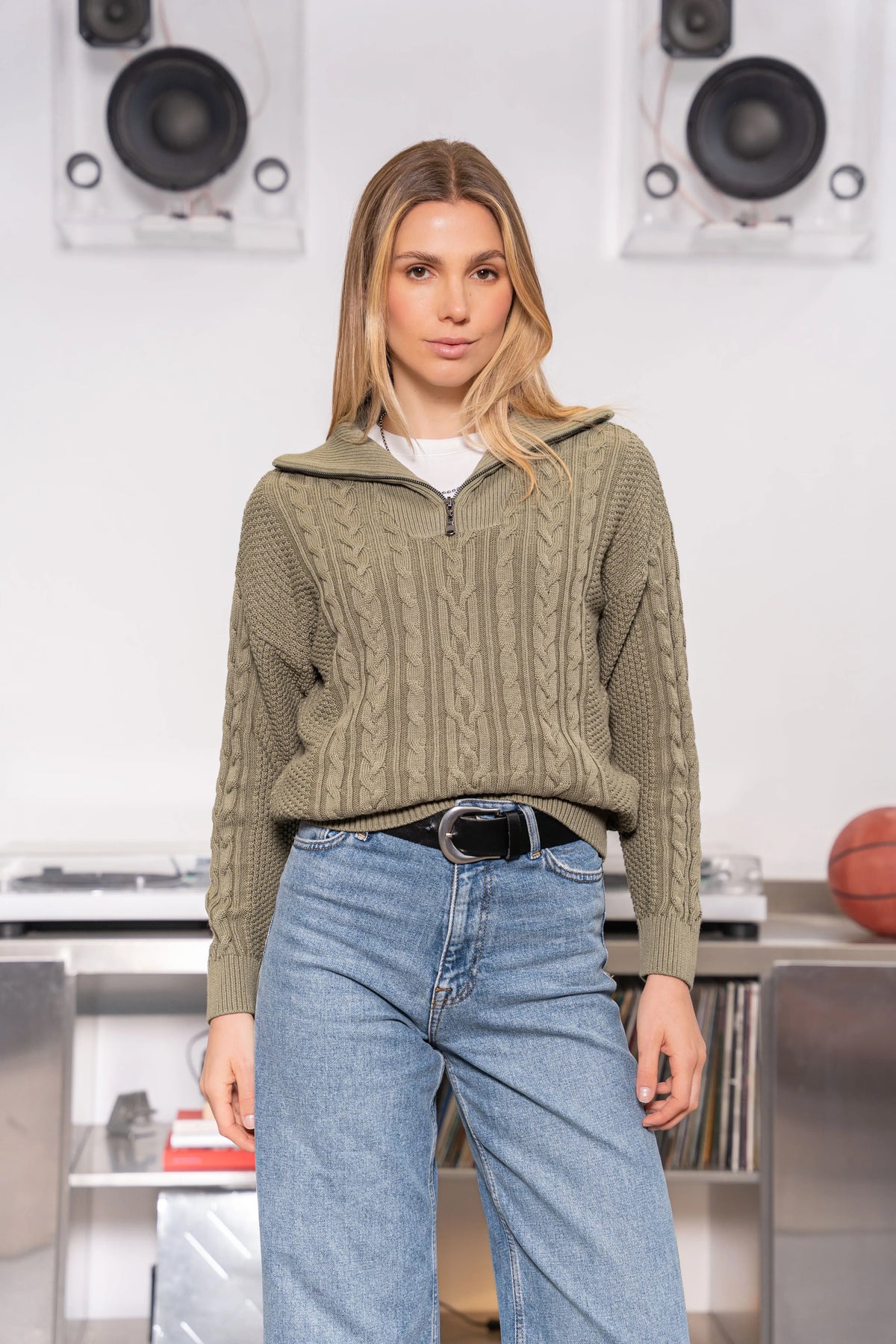 Suéter Halfzip Trenzado Algodón Mujer Verde