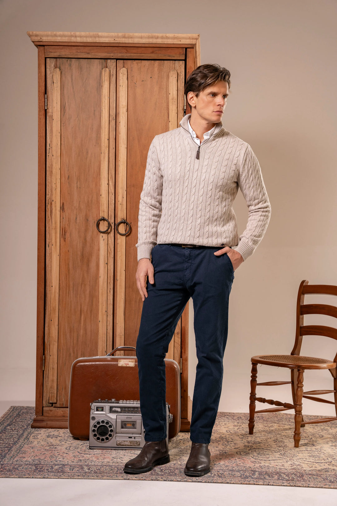 Suéter Halfzip Trenzado Hombre Arena