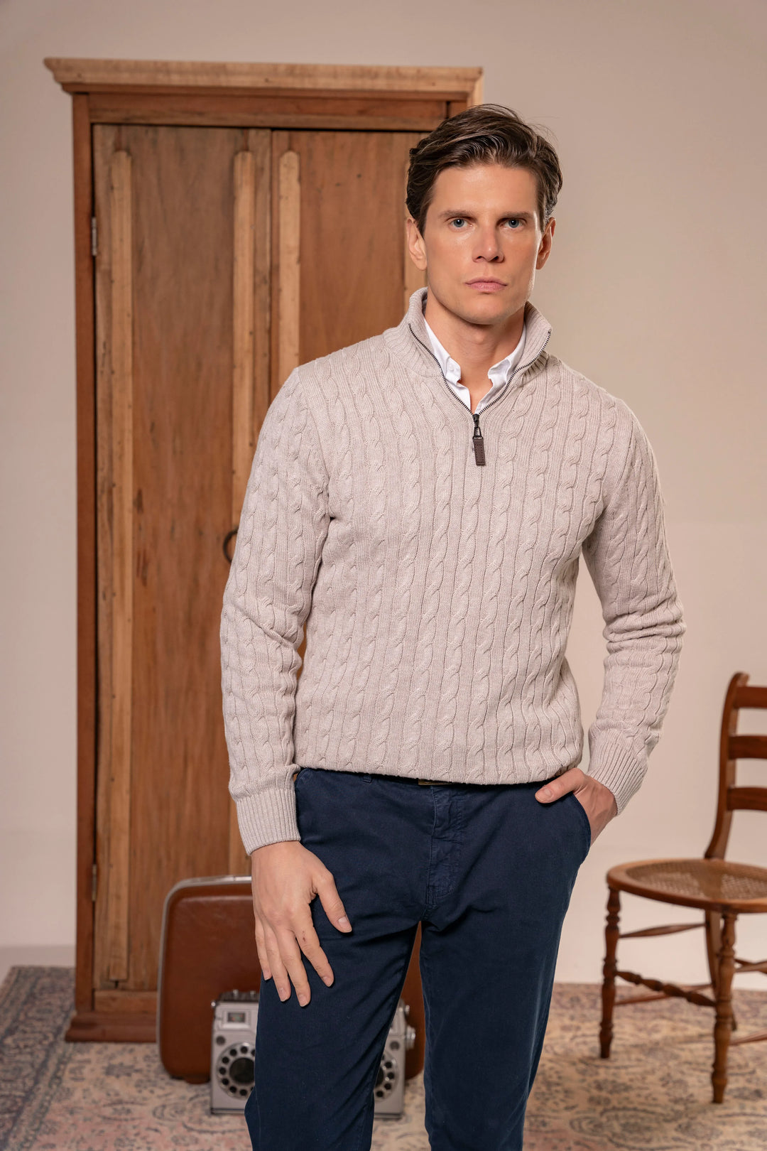 Suéter Halfzip Trenzado Hombre Arena