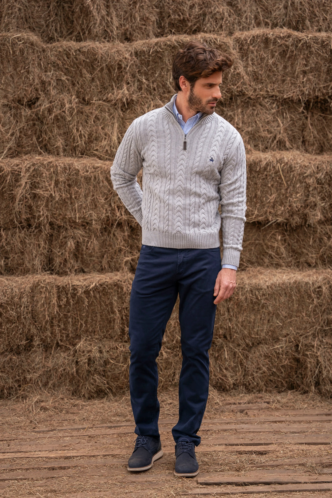 Suéter Halfzip Trenzado Rib Hombre Gris Claro