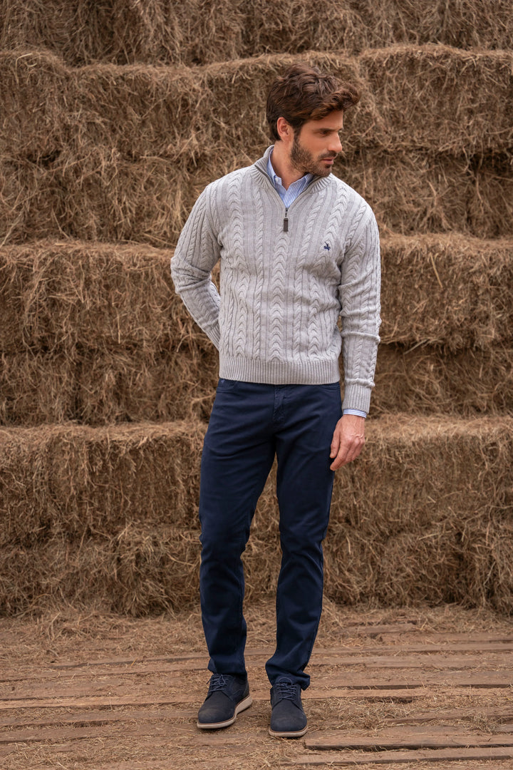 Suéter Halfzip Trenzado Rib Hombre Gris Claro