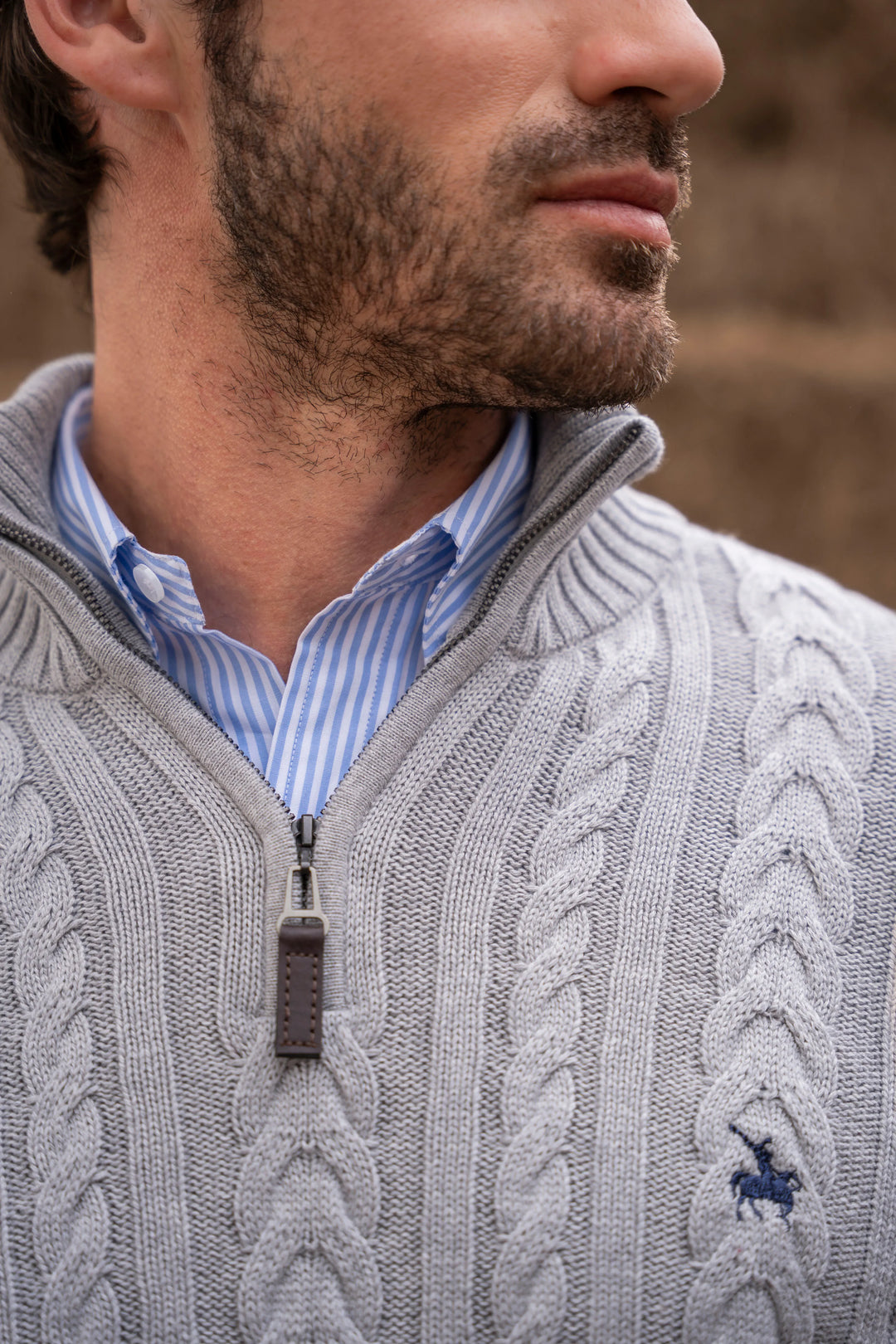 Suéter Halfzip Trenzado Rib Hombre Gris Claro