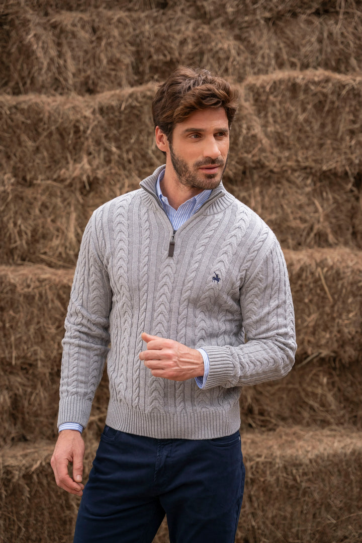 Suéter Halfzip Trenzado Rib Hombre Gris Claro